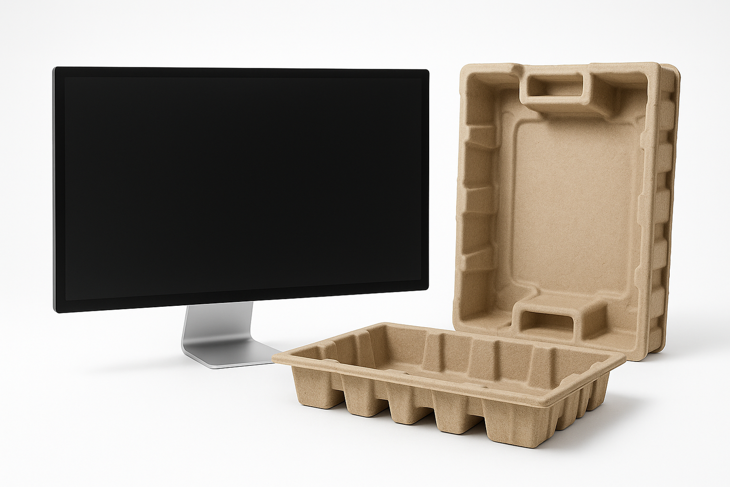 A computer monitor stands next to two molded pulp packaging inserts on a white background.