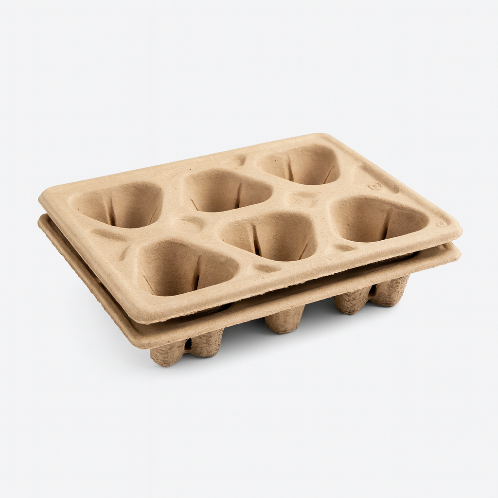 Two stacked light brown molded pulp seeding pot for six items, showcasing their eco-friendly and protective design on a white background. This image highlights sustainable packaging solutions.