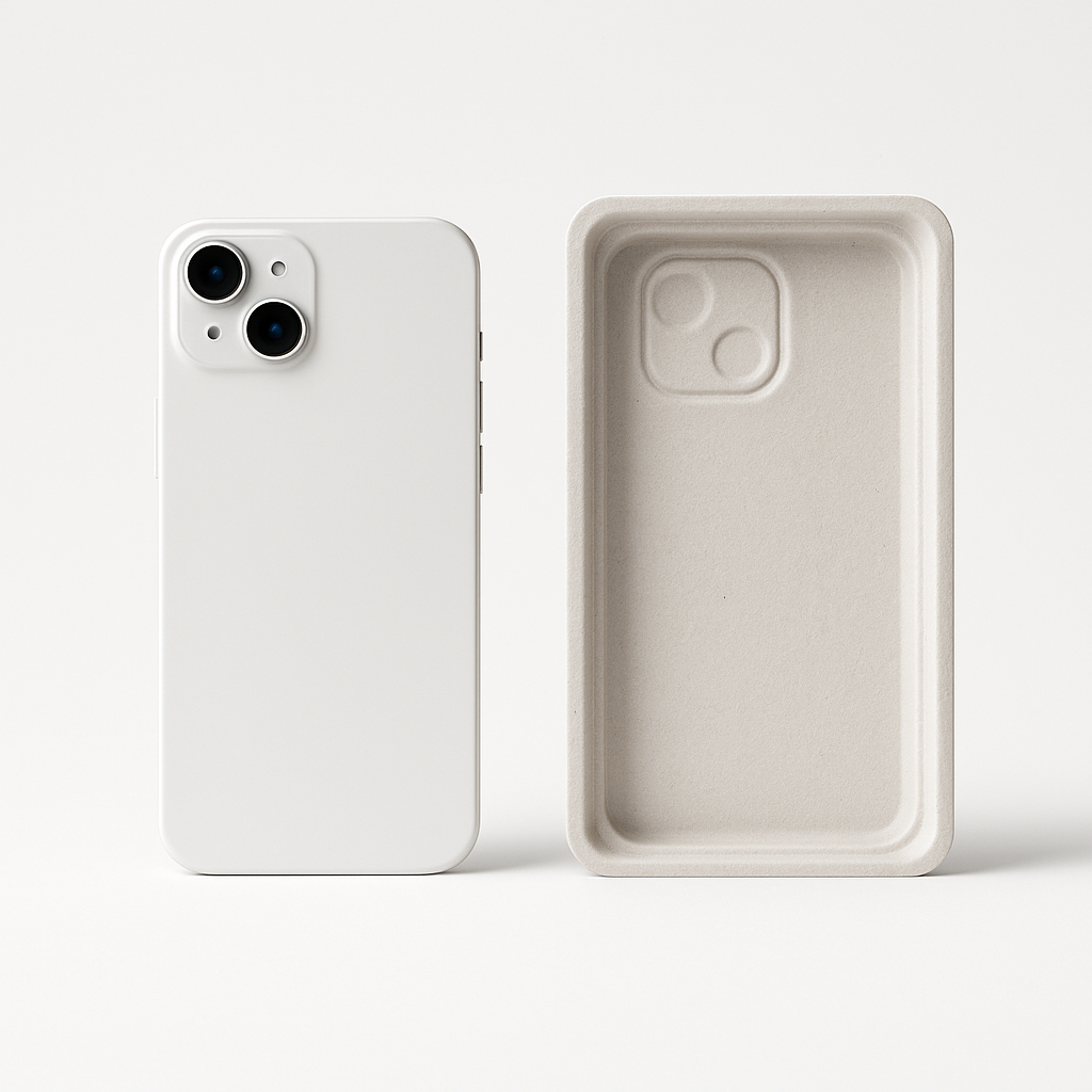 A white smartphone is displayed next to its custom-fit, light beige molded pulp packaging insert on a white background. The molded fiber trays is designed to perfectly cradle the phone.