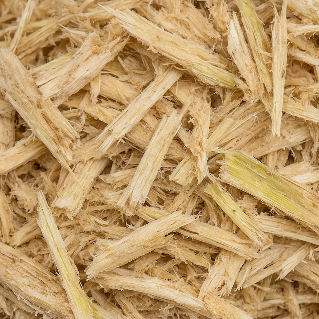 A close-up shot of a pile of golden-yellow and light-green sugarcane bagasse fibers, the raw material for making eco-friendly molded pulp packaging