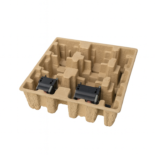 Molded pulp packaging tray with custom inserts for automotive and motorcycle parts, securing two black components