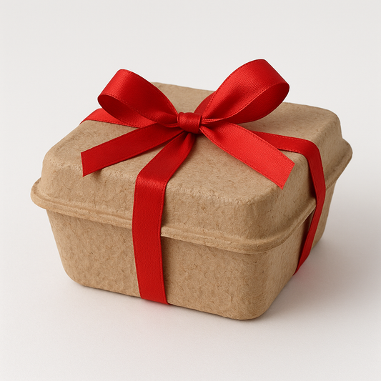 A beautiful corrugated pulp gift box tied with a bright red ribbon, showcasing a festive and eco-friendly design