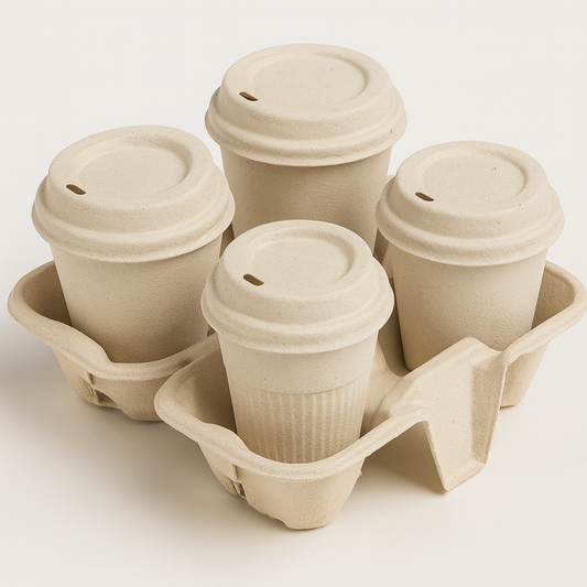 Biodegradable drink cups with lids and multi-cup carrier for easy takeaway