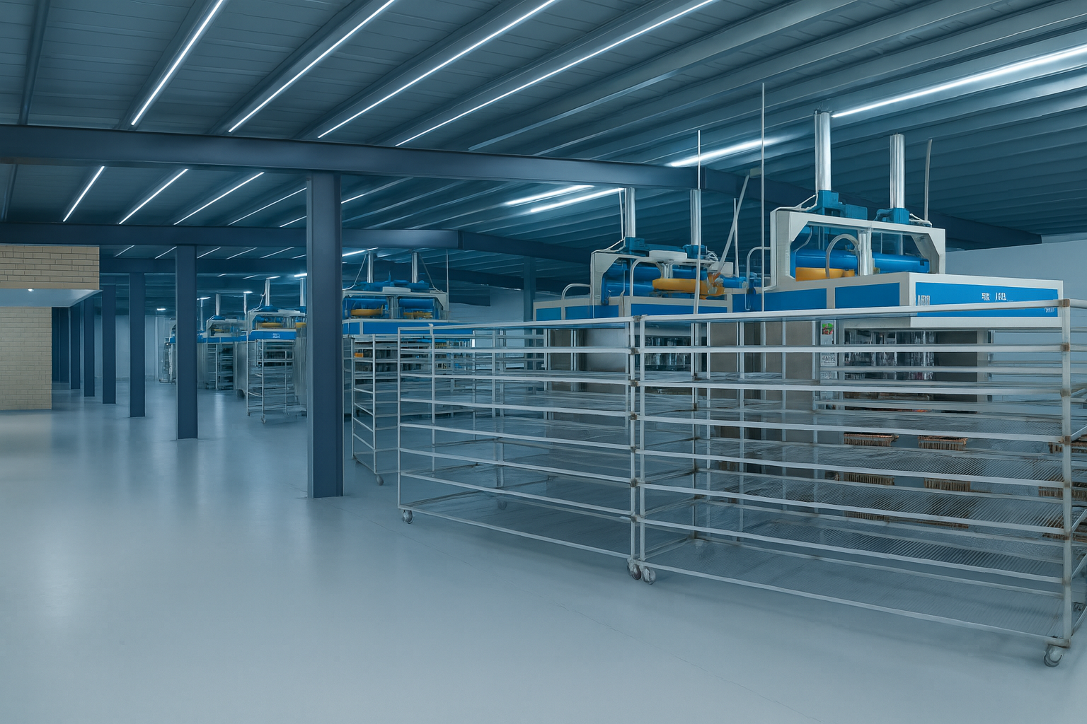 An interior view of a clean, modern factory floor featuring multiple rows of molded pulp packaging manufacturing machines. The machines, large and industrial in design with blue and white accents, are arranged in a sterile, well-lit space. In the foreground, several empty metal racks on wheels are waiting to be filled, suggesting an efficient production line. This image showcases large-scale production capabilities and the manufacturing environment for eco-friendly packaging.