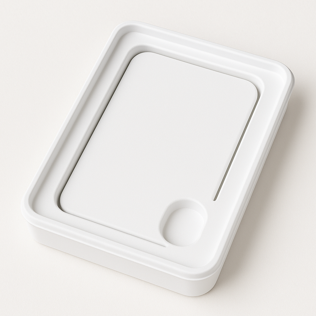 White rectangular premium wet press molded pulp electronics packaging with a lid on a light beige background