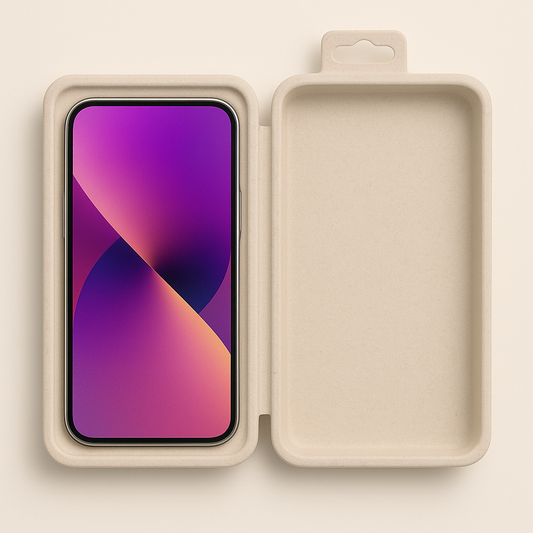 Molded pulp smartphone packaging made from sustainable sugarcane, with a phone placed inside