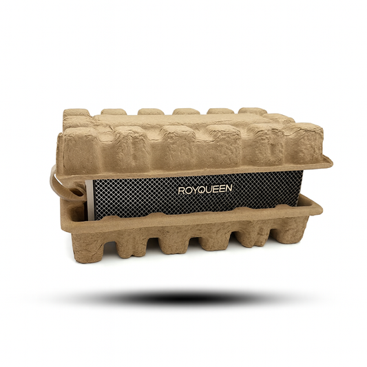 Protective molded pulp packaging for a speaker, showing shock-absorbing cushioning