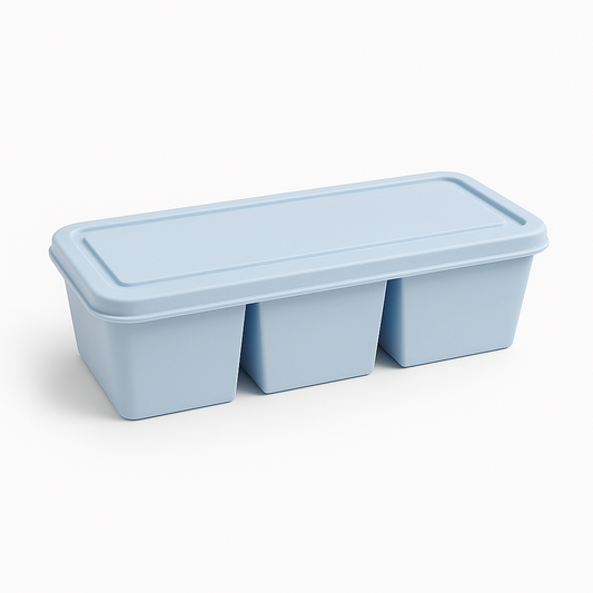 A closed, light-blue storage box crafted with a premium wet-press process