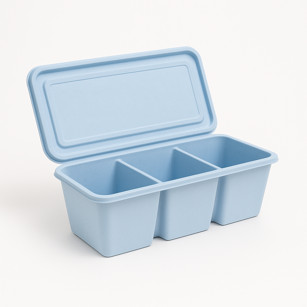 An open light-blue storage box with a multi-compartment design, ideal for organizing small items