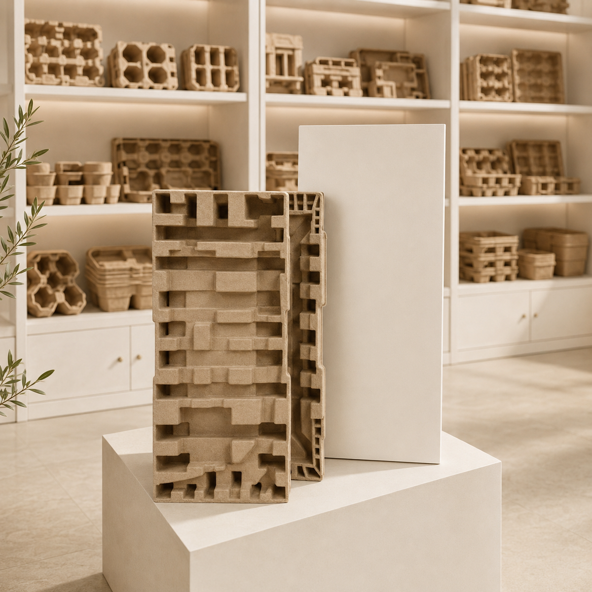 Molded pulp packaging samples displayed on a showroom stand with various protective pulp tray designs in the background