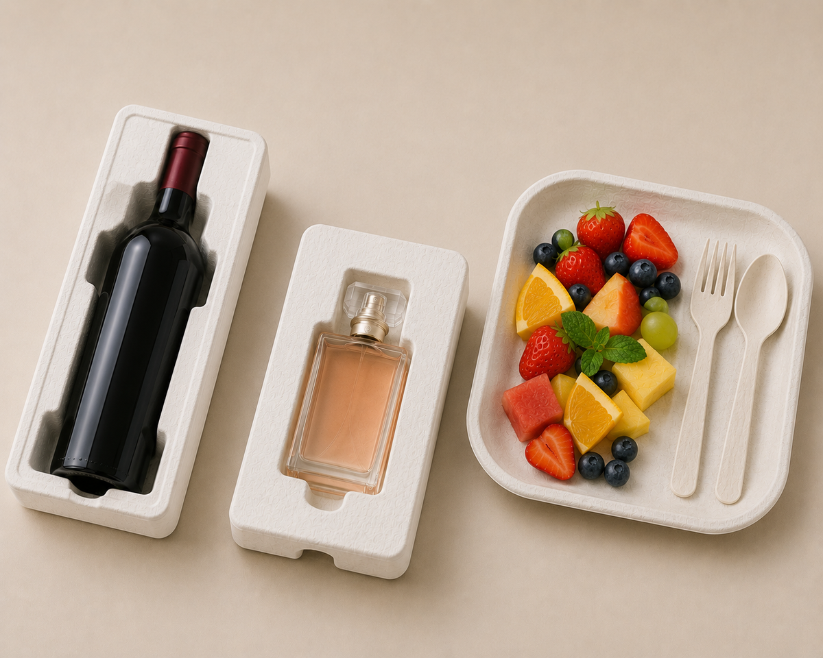 White molded pulp packaging solutions for premium wine, perfume, and food tray applications