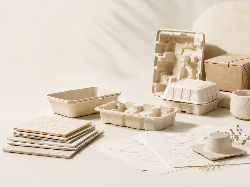 Molded pulp packaging samples with fiber trays, food containers, material sheets, and packaging design sketches