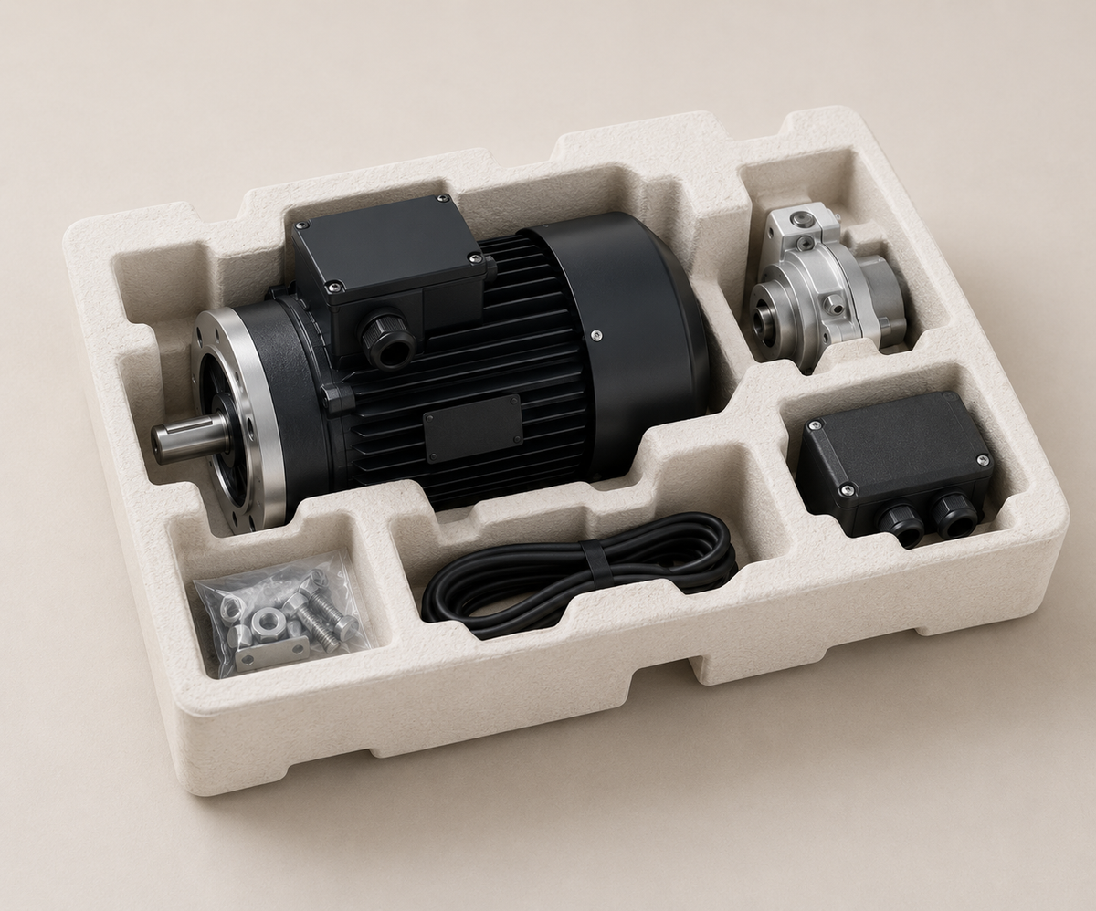 Protective molded pulp packaging insert for industrial motor, accessories, cables, and mechanical components