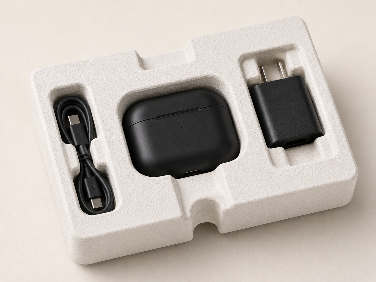 Custom white molded pulp packaging insert for black wireless earbuds, USB charging cable, and power adapter