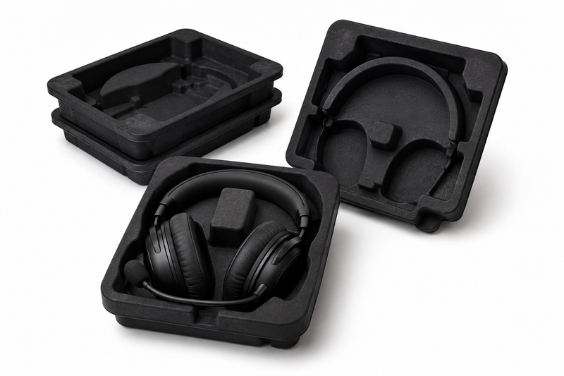 Black molded pulp insert for gaming headset packaging