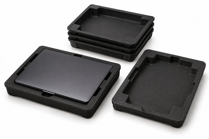 Black molded pulp tray for premium laptop packaging