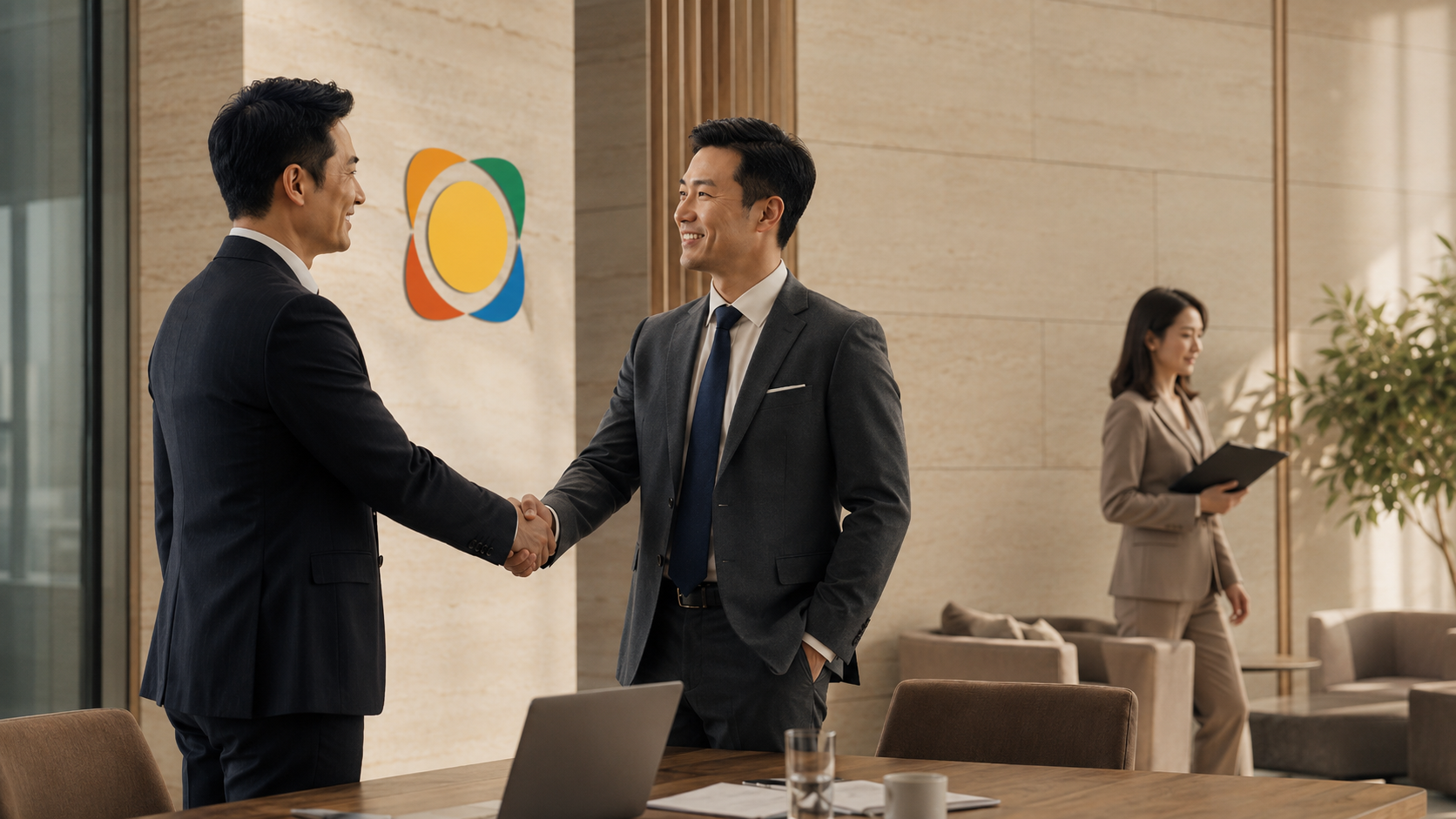 Business partners shaking hands in a modern office with company branding in the background