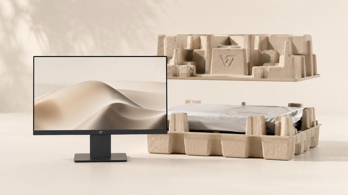 Molded pulp packaging tray for monitor display with protective fiber inserts and retail product presentation