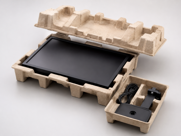 Protective molded pulp packaging for monitor screen, stand, cable, and accessories