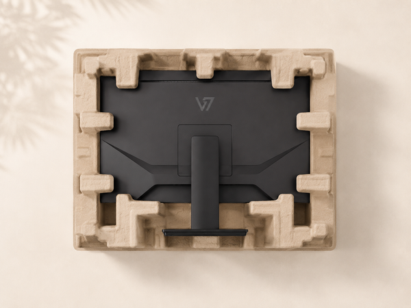 Custom molded pulp insert protecting the back of a monitor during shipping and handling