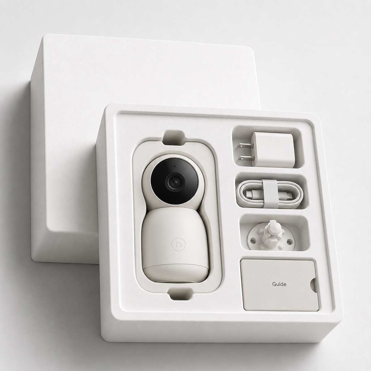 Custom white molded pulp tray for smart camera packaging with charging cable, power adapter, mounting accessory, and guide card