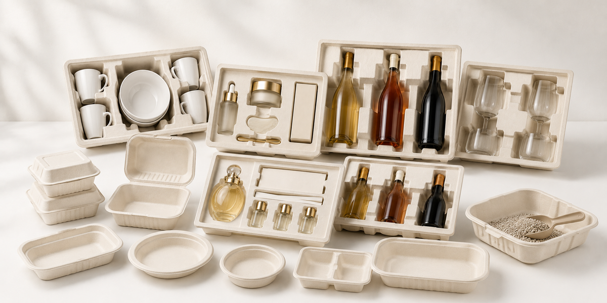 Comprehensive molded pulp packaging solutions for food service, wine bottles, glassware, cosmetics, tableware, and pet products, showcasing custom-fit fiber trays, inserts, clamshell boxes, and recyclable containers for protective and sustainable packaging.