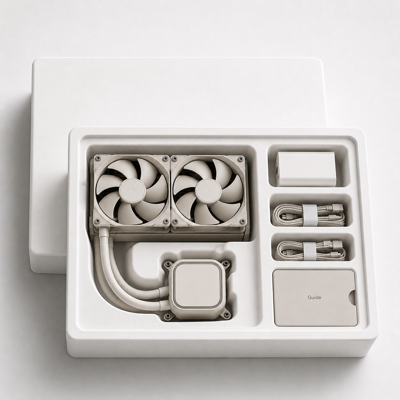 Custom white molded pulp tray for electronic cooling module packaging with fans, cables, charger, and accessories