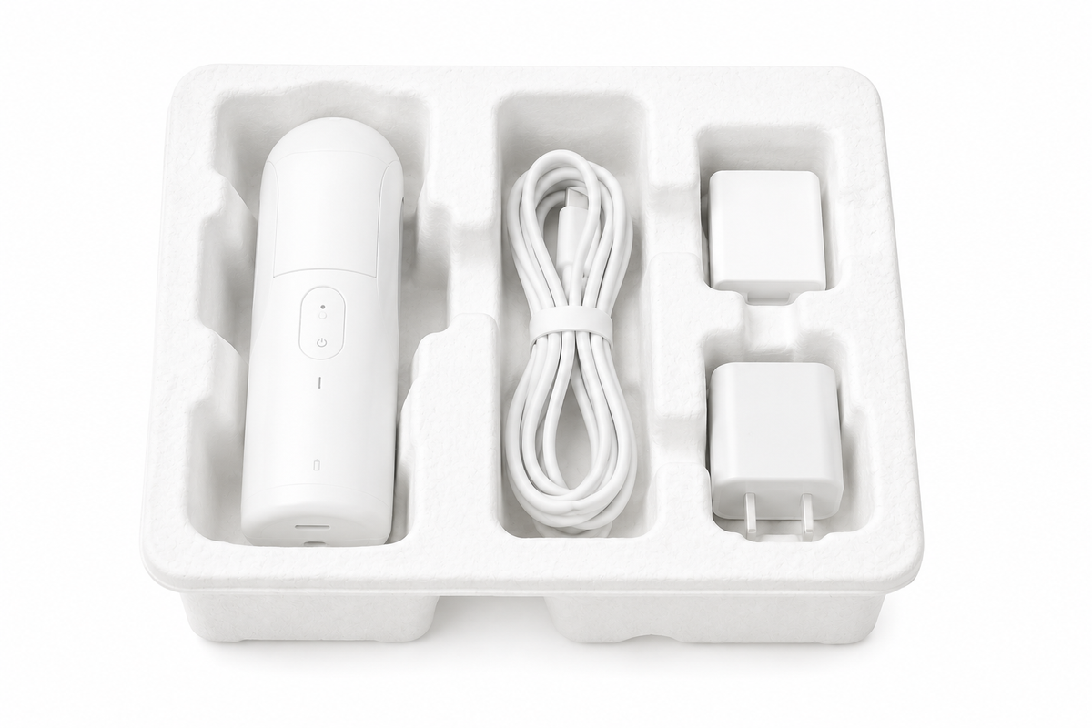 Custom white molded pulp packaging tray for compact electronic devices and accessories, designed with precise cavities to protect the main device, cable, adapter, and components during shipping and retail presentation.