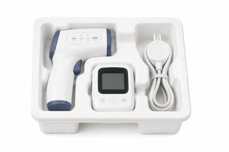Molded pulp diagnostic device packaging tray for thermometer and health monitor