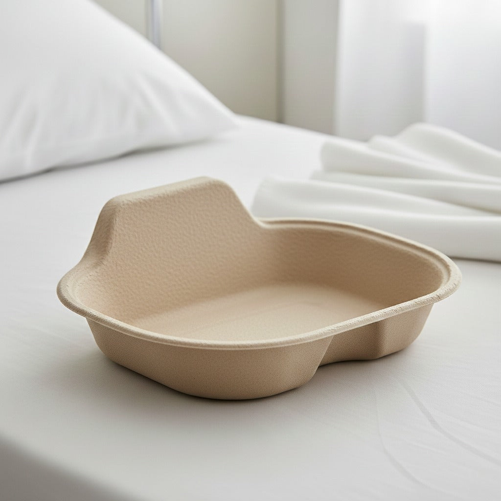 Beige disposable molded pulp bedpan with raised back support on a hospital bed, eco friendly plastic free biodegradable solution for patient toileting and medical packaging