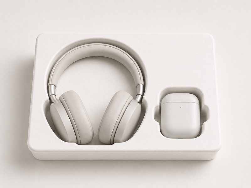 White molded pulp insert for over-ear headphones and wireless earbuds packaging