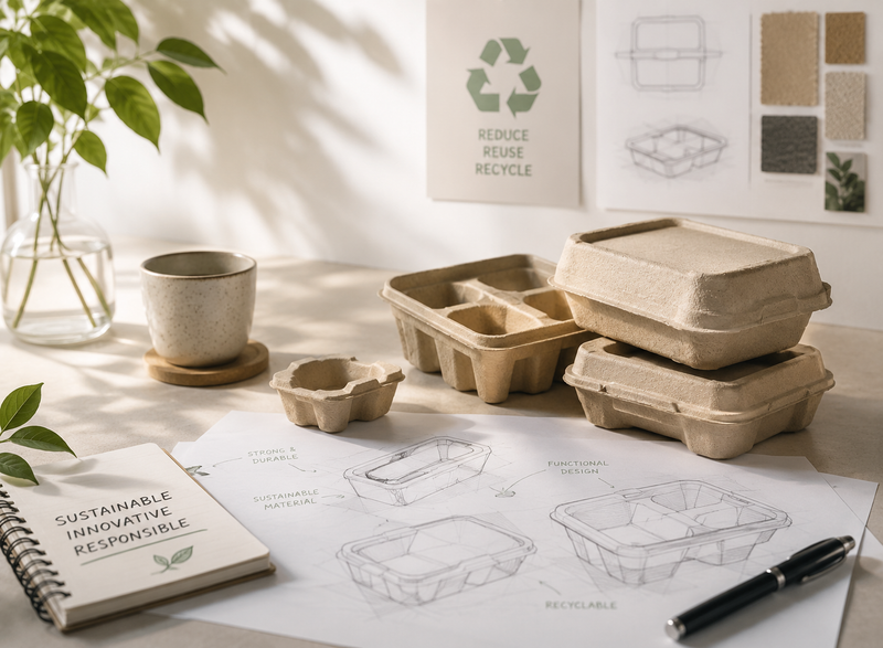Eco-friendly molded pulp food packaging concept with recyclable fiber containers, sustainable material samples, and design drawings