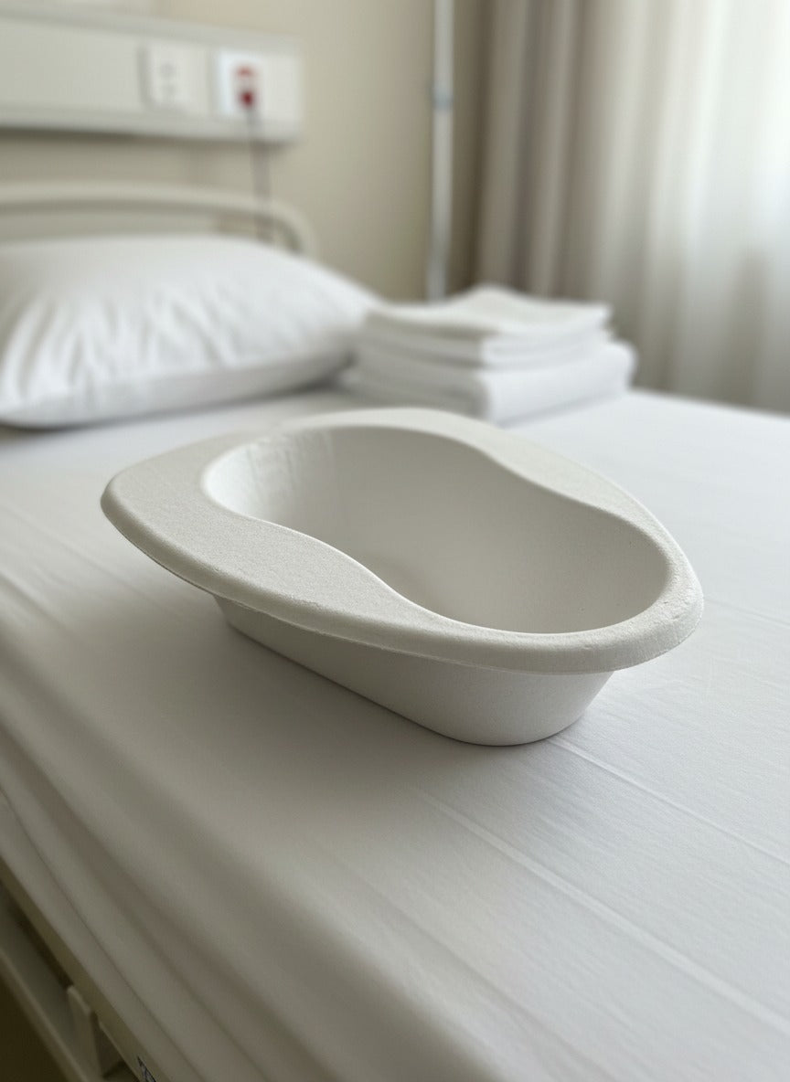 Disposable molded pulp bedpan on a hospital bed, providing eco friendly, plastic free and biodegradable patient care packaging solution