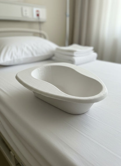 Disposable molded pulp bedpan on a hospital bed, providing eco friendly, plastic free and biodegradable patient care packaging solution