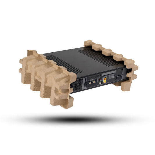 Electronic device with beige protective eco-friendly molded pulp pacakaging insert on a white background