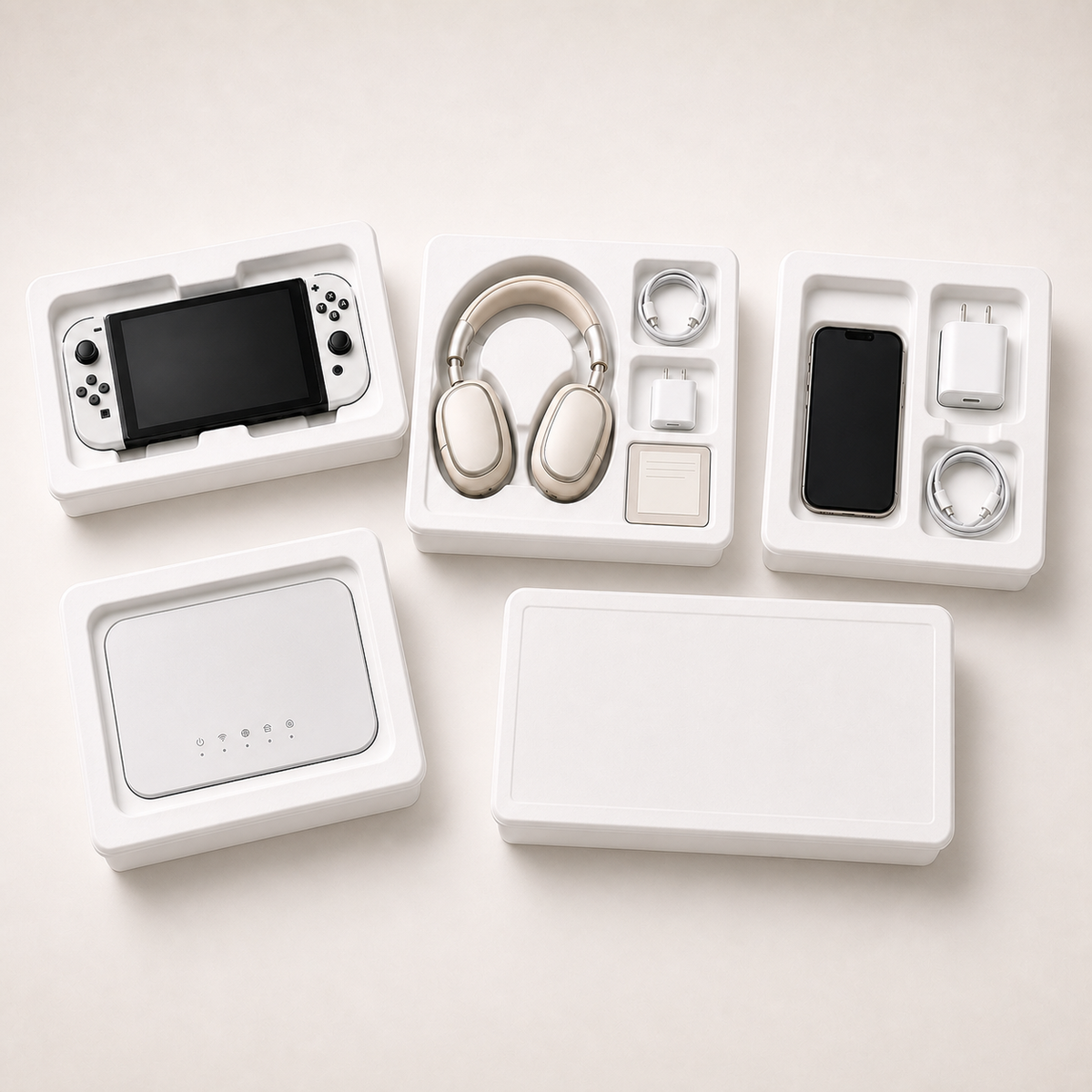 White molded pulp packaging trays for gaming console, headphones, smartphone, router, and electronics accessories