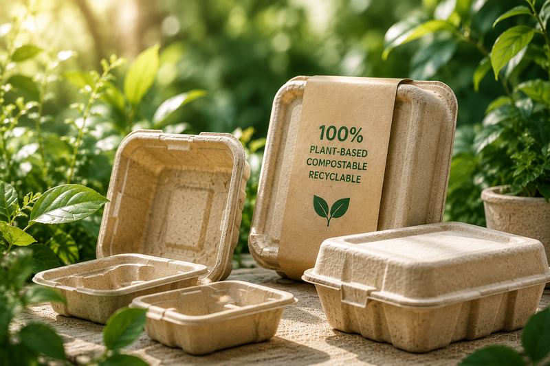 Plant-based molded pulp food containers displayed in a natural green environment