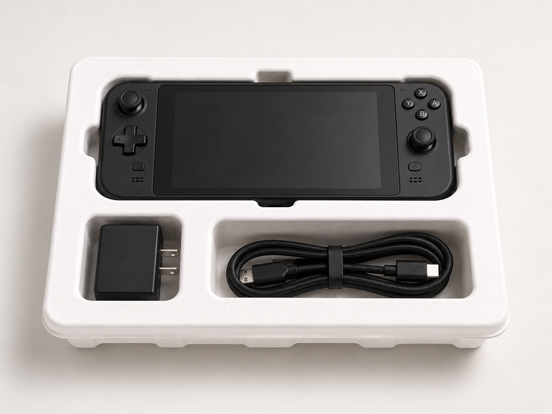 White molded pulp packaging tray for handheld gaming console, charger, and USB cable