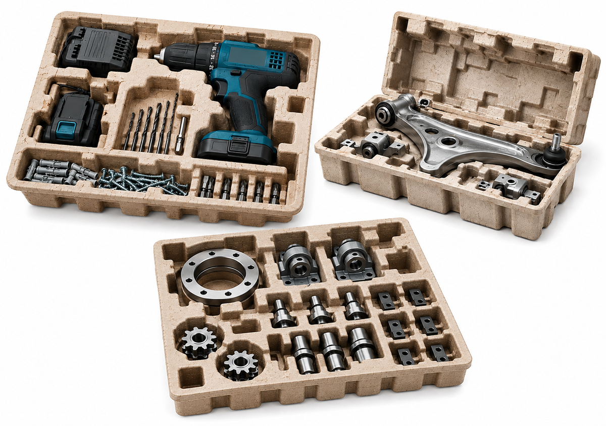 Molded pulp packaging solutions for industrial gearbox, metal components, and heavy-duty mechanical parts