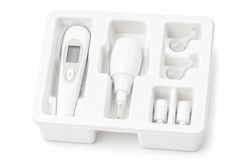 Molded pulp medical testing kit packaging tray with device and accessories