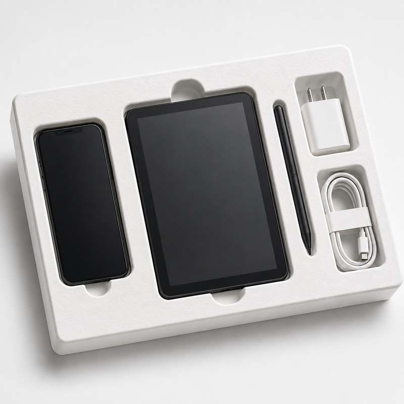 White molded pulp packaging insert for smartphone, tablet, stylus, charger, and charging cable