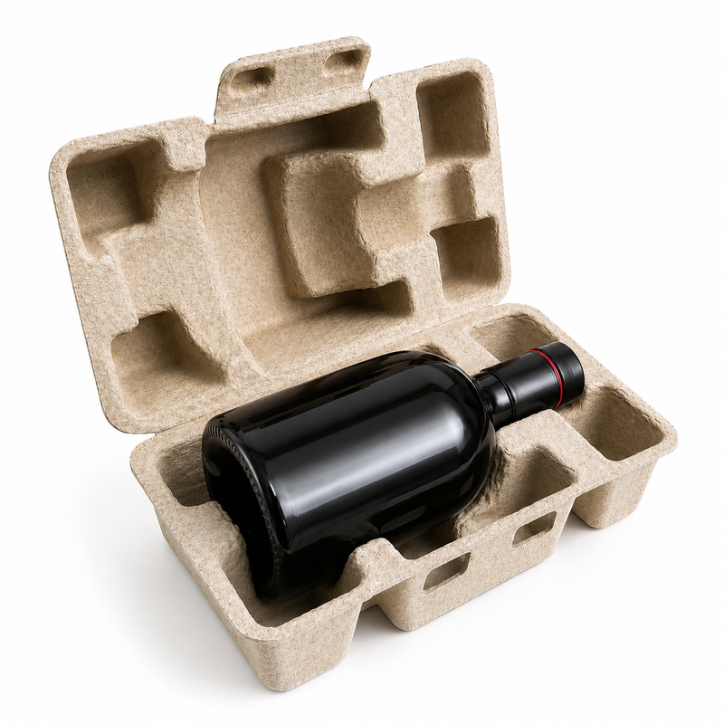 Molded pulp wine bottle case with protective hinged structure