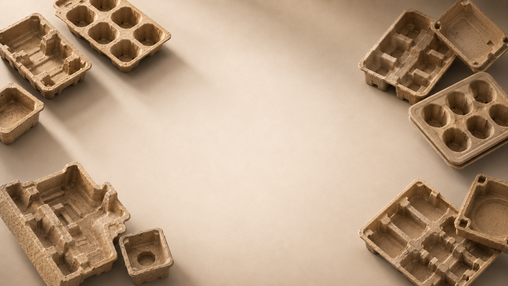 Molded pulp packaging trays arranged around a clean workspace with custom cavities and protective fiber structures