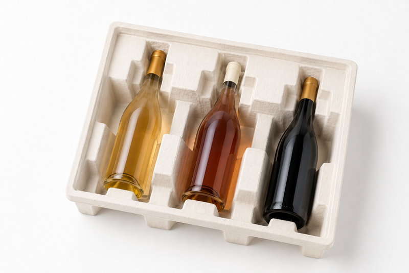 Molded pulp wine bottle tray for protective wine packaging