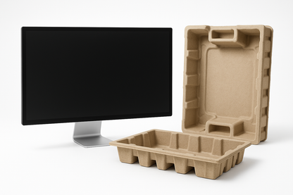 High-strength recyclable pulp packaging securing a monitor for industrial logistics