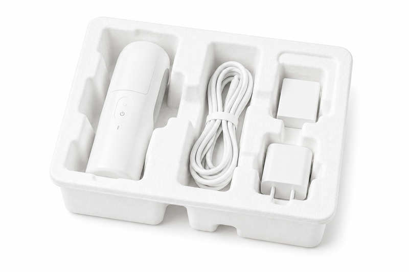 Molded pulp packaging tray for personal care device and accessories