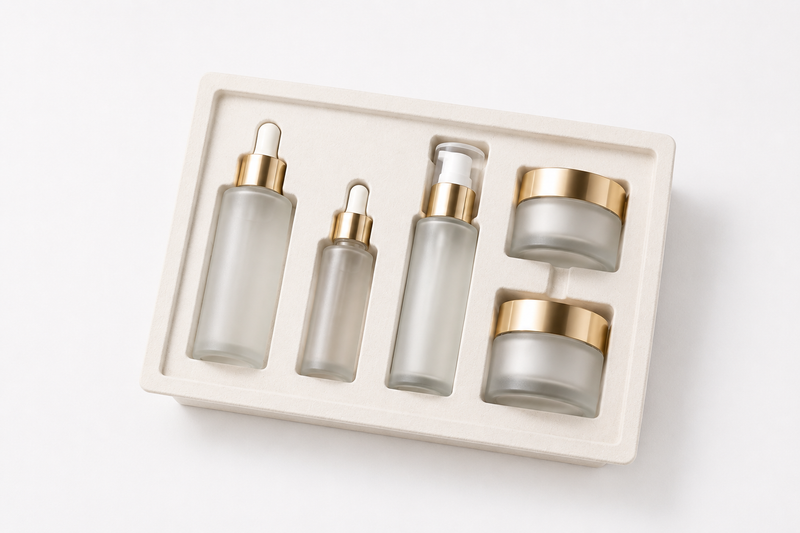 Premium molded pulp cosmetic packaging tray for skincare bottles and jars