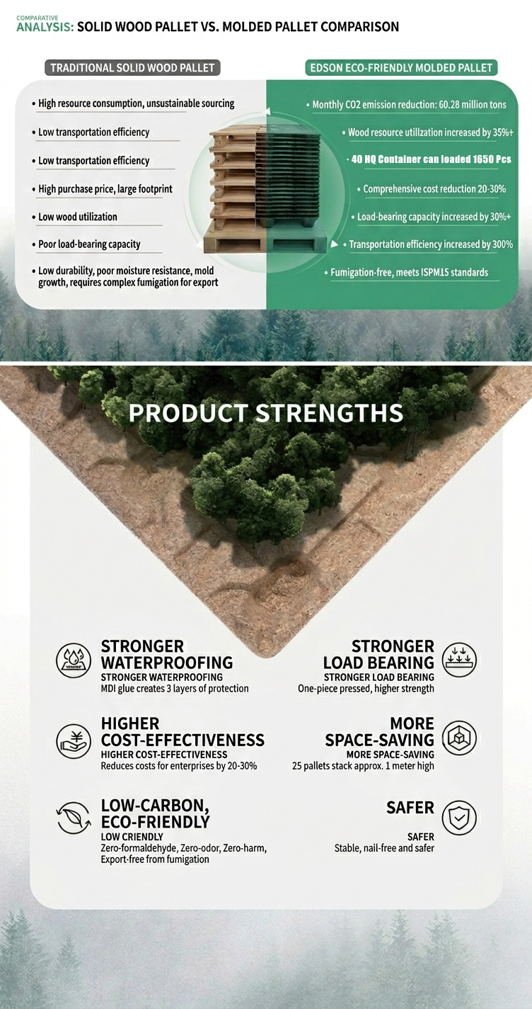 Pressed wood pallet vs solid wood pallet comparison for export packaging, highlighting cost savings, stackability, moisture resistance and high load capacity