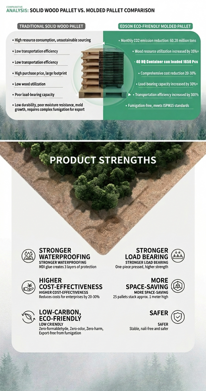 Pressed wood pallet vs solid wood pallet comparison for export packaging, highlighting cost savings, stackability, moisture resistance and high load capacity