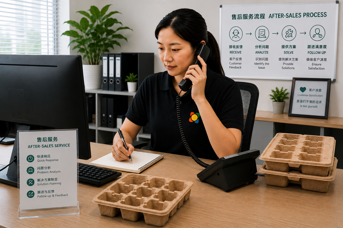After-sales service specialist handling customer support for molded pulp packaging with bilingual service process